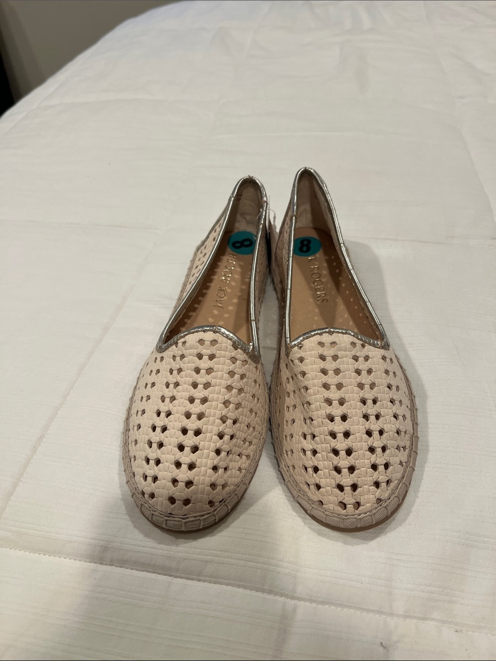 Jack Rogers Woven Flats in Light Beige with Silver Trim